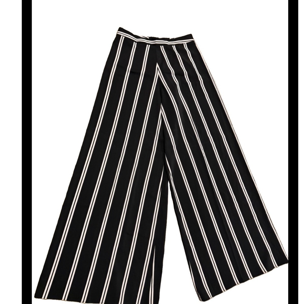 Alice + Olivia Black White Striped Wide Leg Palazzo Pants Silk 6 Made in USA
